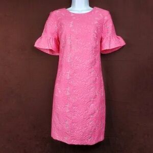 NWOT Trina Turk Short Ruffled Sleeve Pink Floral Embroidered Shift Dress Size 8